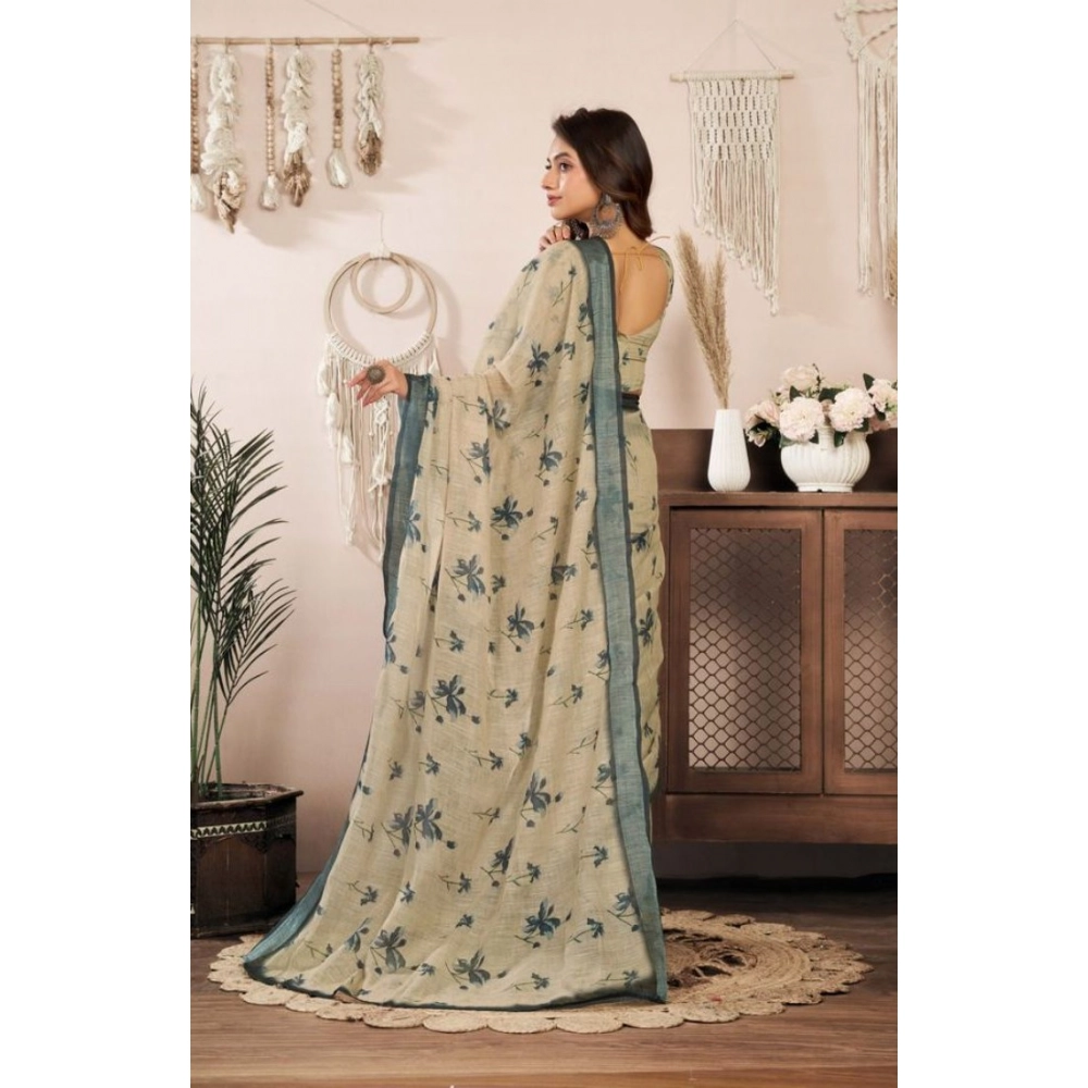Women's Faux Linen Floral Print Ready to wear Saree With Unstitched Blouse 5.5Mtr (LightBeige) Women's Faux Linen Floral Print Ready to wear Saree With Unstitched Blouse 5.5Mtr (LightBeige)