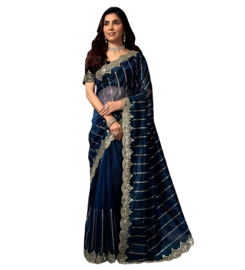 Women's Net Sequence Saree With Unstitched Blouse 5.5Mtr (Blue)