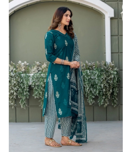 Women's Cotton Blend Printed Kurti With Pant Dupatta Set (Morpichh)