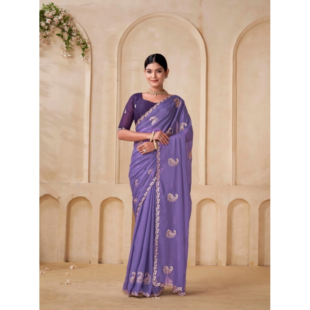 Women's Digital Printed  Georgette Saree With Unstitched Blouse (Lavendar, 5-6 Mtrs)
