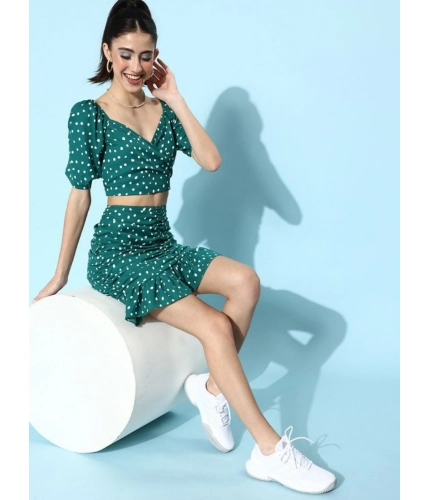 Women's Polyester Floral Short Sleeve Co-Ord Set (Green)