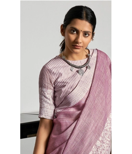Women's Linen Printed Saree With Unstitched Blouse 5.5Mtr (Purple)