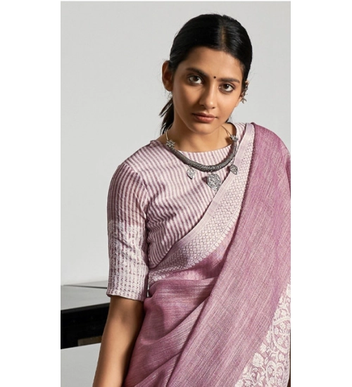 Women's Linen Printed Saree With Unstitched Blouse 5.5Mtr (Purple)