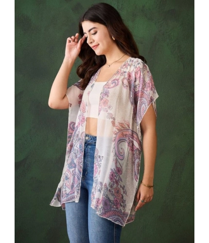 Women's Chiffon Printed Short Sleeves Shrug (White - Purple)