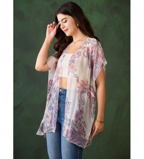 Women's Chiffon Printed Short Sleeves Shrug (White - Purple)