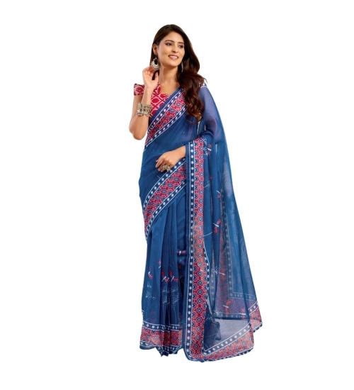 Women's Linen Cotton Printed Ready To Wear Saree With Unstitched Blouse 5.5 Mtr (Blue)