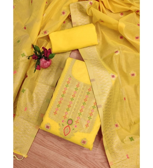 Women's Banarasi Silk Printed Unstitched Salwar Suit Material With Dupatta (Yellow, 3Mtrs)