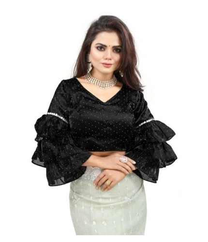 Women's Organza Solid V Neck Layered Ruffle Sleeve Readymade Blouse (Black Free Size , up to 38–40 Bust)-PID65848