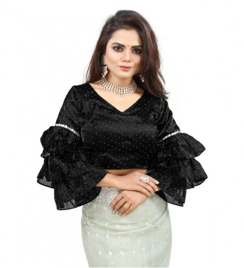 Women's Organza Solid V Neck Layered Ruffle Sleeve Readymade Blouse (Black Free Size , up to 38–40 Bust)-PID65848