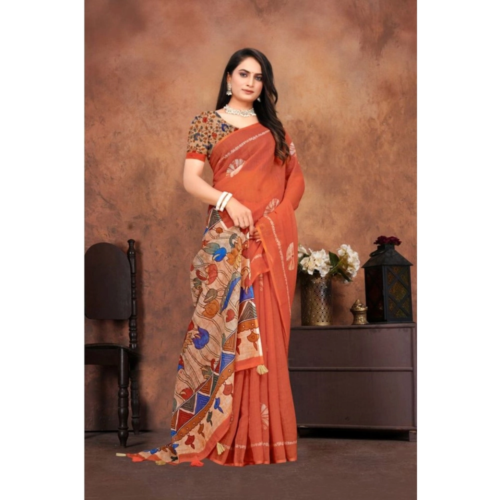 Women's Linen Printed Saree With Unstitched Blouse 5.5Mtr (Red) Women's Linen Printed Saree With Unstitched Blouse 5.5Mtr (Red)