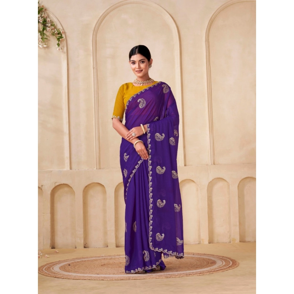 Women's Digital Printed  Georgette Saree With Unstitched Blouse (Purple, 5-6 Mtrs)