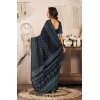 Women's Faux Linen Geometric Print Ready to wear Saree With Unstitched Blouse 5.5Mtr (Black)