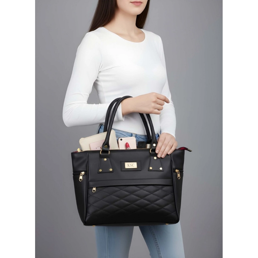 Women's PU Leather Solid Shoulder Zipper Handbag (Black)