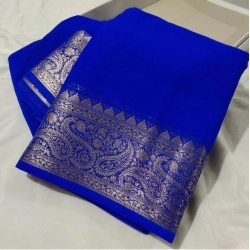 Women's Crepe Chit Pallu Solid Saree With Unstitched Blouse 5.5Mtr (Navy Blue)