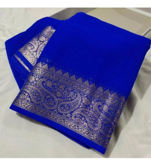Women's Crepe Chit Pallu Solid Saree With Unstitched Blouse 5.5Mtr (Navy Blue)