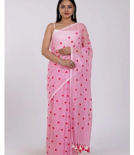 Women's Linen Printed Saree With Unstitched Blouse 5.5Mtr (Pink)