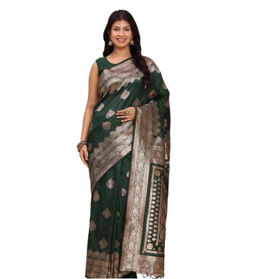 Women's Banarasi Silk Printed Saree With Unstitched Blouse 5.5Mtr (Green)