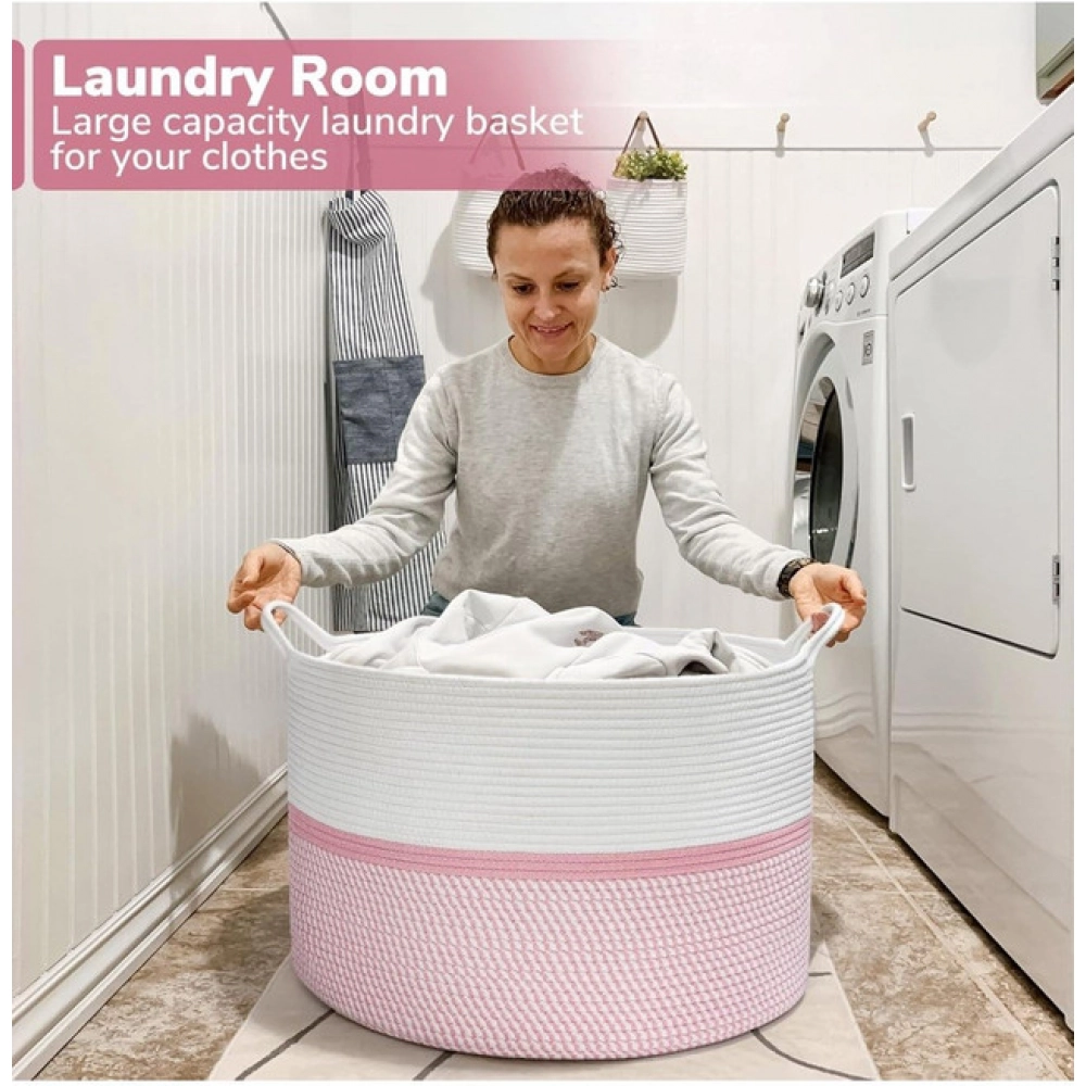 Cotton Dori 16x14 Inch Storage Basket For Clothes (White-Pink White)