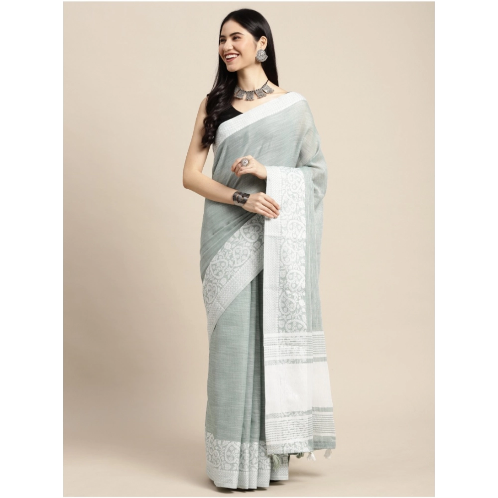 Women's Linen Printed Saree With Unstitched Blouse 5.5Mtr (Sea Green) Women's Linen Printed Saree With Unstitched Blouse 5.5Mtr (Sea Green)