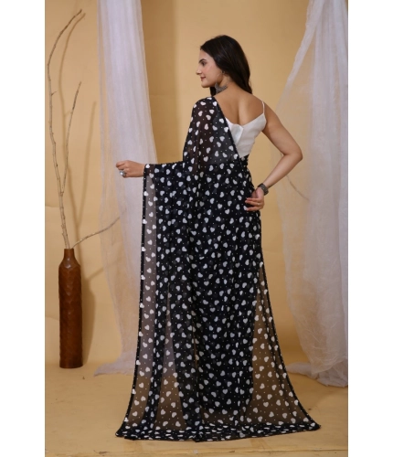 Women's Georgette Printed Saree With Unstitched Blouse 5.5Mtr (Black)