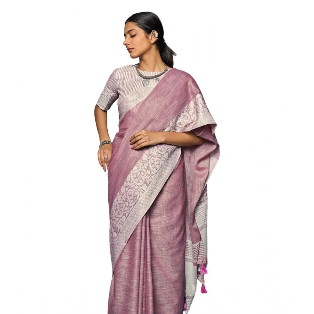 Women's Linen Printed Saree With Unstitched Blouse 5.5Mtr (Purple) Women's Linen Printed Saree With Unstitched Blouse 5.5Mtr (Purple)