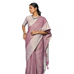 Women's Linen Printed Saree With Unstitched Blouse 5.5Mtr (Purple)