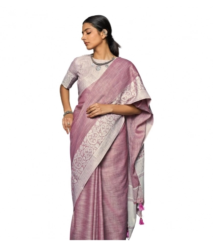 Women's Linen Printed Saree With Unstitched Blouse 5.5Mtr (Purple)