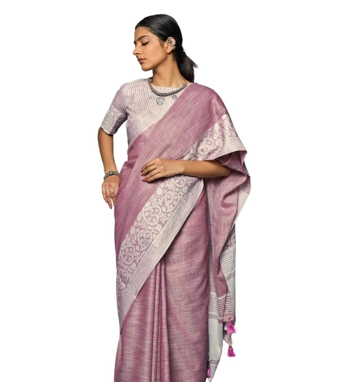 Women's Linen Printed Saree With Unstitched Blouse 5.5Mtr (Purple)