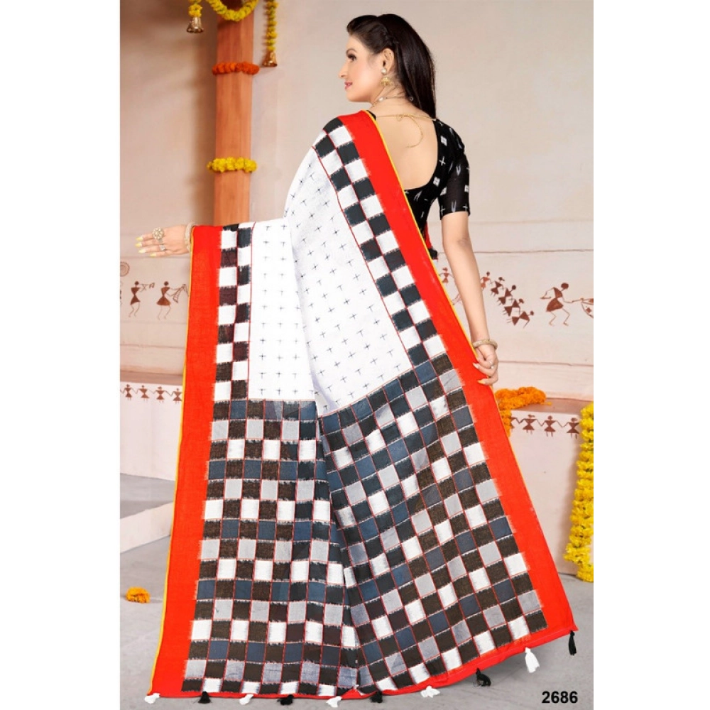 Women's Soft Pure Cotton Printed Saree With Unstitched Blouse 5.5Mtr (White) Women's Soft Pure Cotton Printed Saree With Unstitched Blouse 5.5Mtr (White)