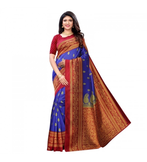 Women's Litchi silk Printed Saree With Unstitched Blouse  5-6 Mtrs (Blue)