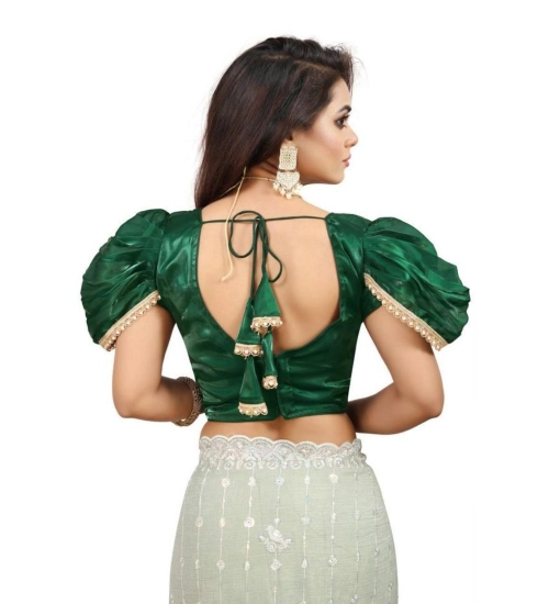 Women's Jimmy Solid V Neck Puff Sleeve Readymade Blouse (Green 38 , Alterable up to 42)-PID65839
