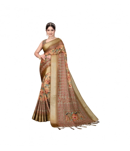 Women's Cotton Silk  Printed Saree With Unstitched Blouse 5.5Mtr (Peach)