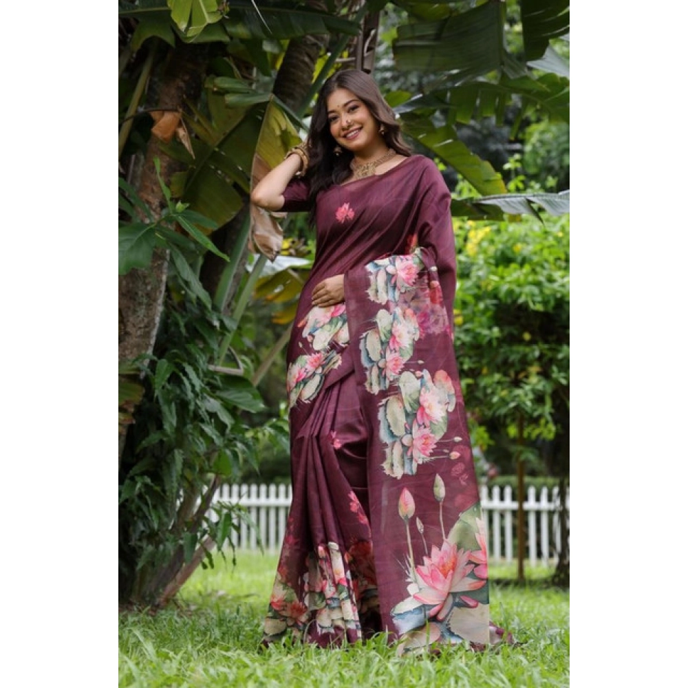Women's Faux_Tussar Floral Saree With Unstitched Blouse 5.5Mtr (Purple) Women's Faux_Tussar Floral Saree With Unstitched Blouse 5.5Mtr (Purple)