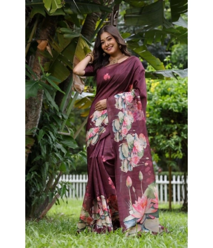 Women's Faux_Tussar Floral Saree With Unstitched Blouse 5.5Mtr (Purple)