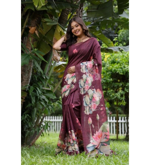 Women's Faux_Tussar Floral Saree With Unstitched Blouse 5.5Mtr (Purple)
