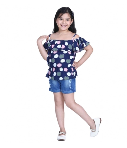 Girl's Rayon Solid Cold Shoulder Top with Shorts (Navy Blue)