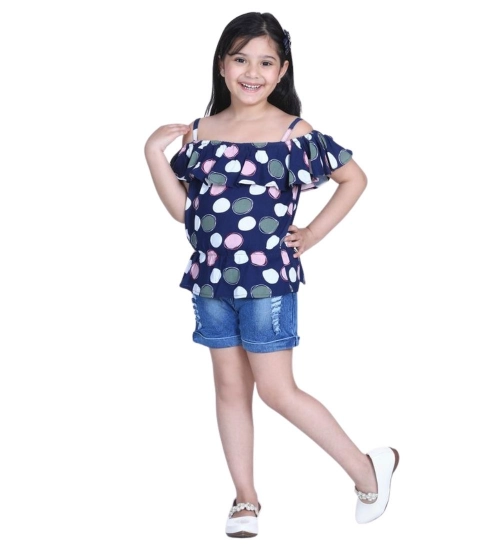 Girl's Rayon Solid Cold Shoulder Top with Shorts (Navy Blue) Girl's Rayon Solid Cold Shoulder Top with Shorts (Navy Blue)