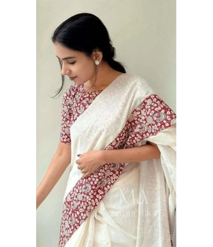 Women's Linen Printed Saree With Unstitched Blouse 5.5Mtr (White)