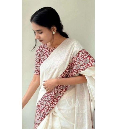 Women's Linen Printed Saree With Unstitched Blouse 5.5Mtr (White)