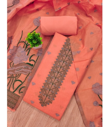Women's Banarasi Silk Printed Unstitched Salwar Suit Material With Dupatta (Peach, 3Mtrs)