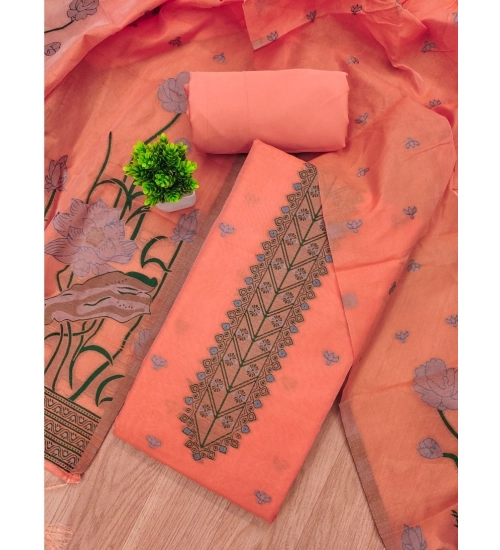 Women's Banarasi Silk Printed Unstitched Salwar Suit Material With Dupatta (Peach, 3Mtrs)