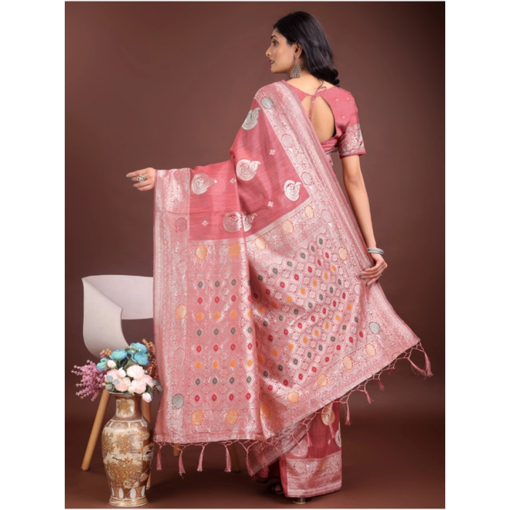 Women's Linen Cotton Printed Saree With Unstitched Blouse 5.5Mtr (Pink) Women's Linen Cotton Printed Saree With Unstitched Blouse 5.5Mtr (Pink)