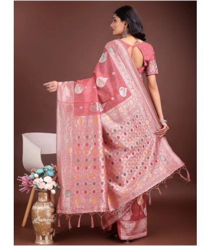 Women's Linen Cotton Printed Saree With Unstitched Blouse 5.5Mtr (Pink)