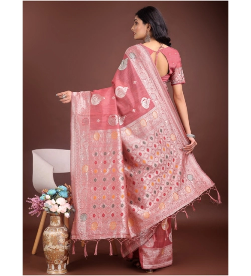 Women's Linen Cotton Printed Saree With Unstitched Blouse 5.5Mtr (Pink)
