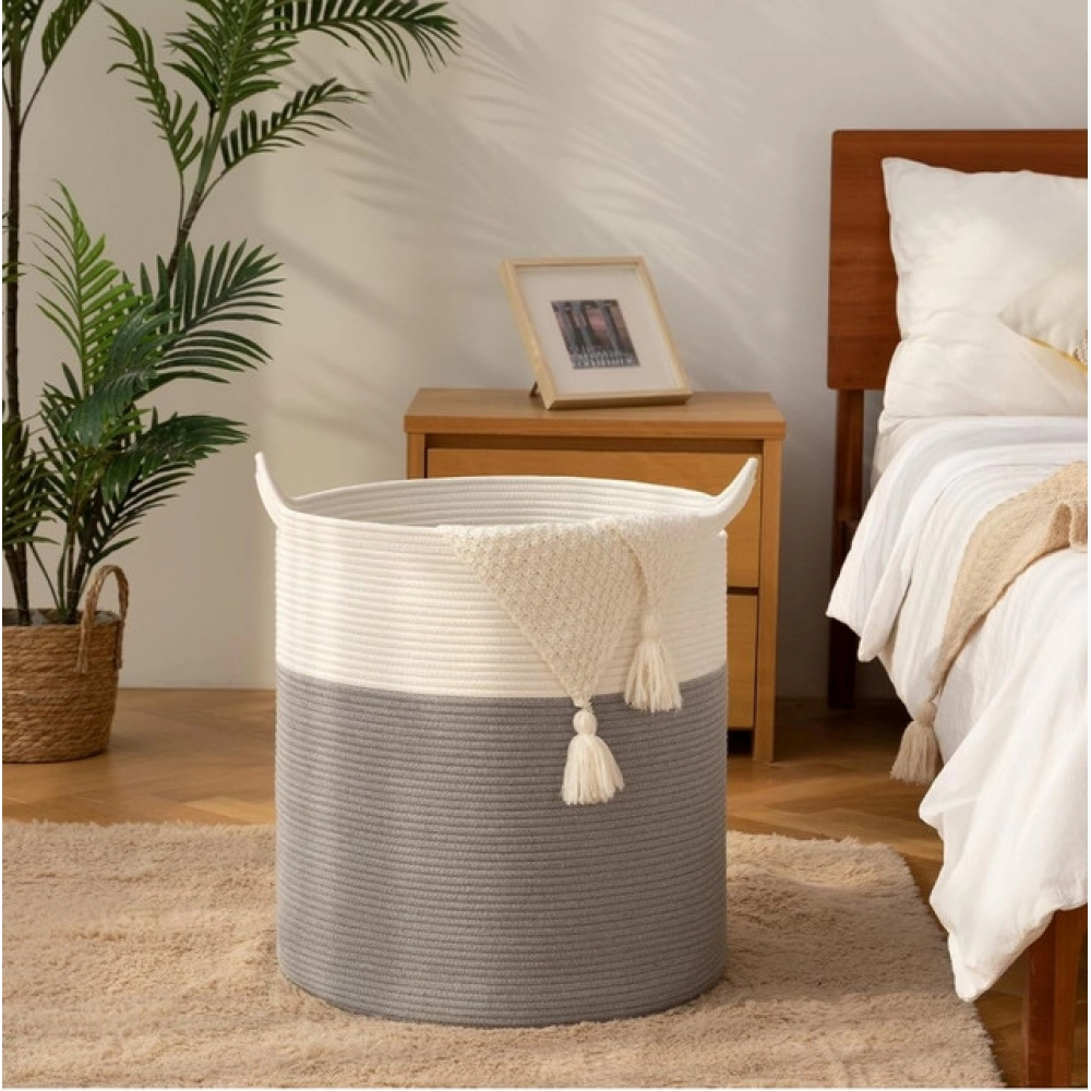 Cotton 12x14 Inch- 1 Pcs Storage Basket For Clothes (Gray-White)