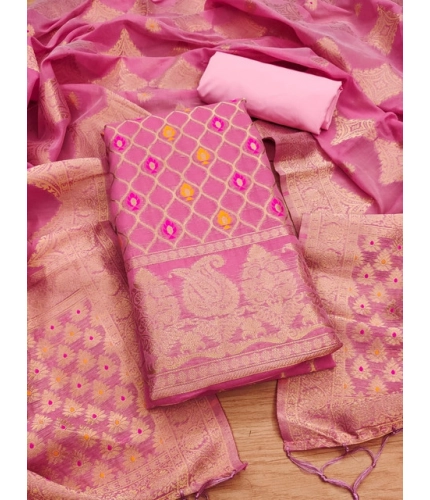 Women's Banarasi Silk Printed Unstitched Salwar Suit Material With Dupatta (Pink, 3Mtrs)