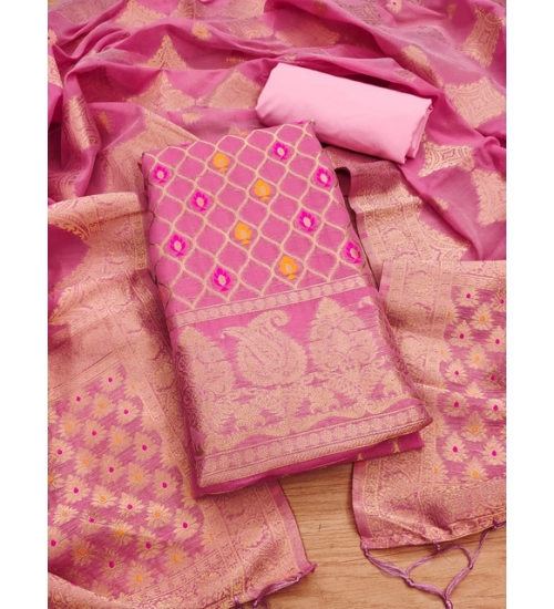 Women's Banarasi Silk Printed Unstitched Salwar Suit Material With Dupatta (Pink, 3Mtrs)