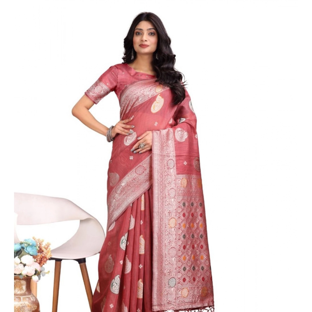 Women's Linen Cotton Printed Saree With Unstitched Blouse 5.5Mtr (Pink) Women's Linen Cotton Printed Saree With Unstitched Blouse 5.5Mtr (Pink)