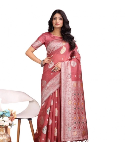 Women's Linen Cotton Printed Saree With Unstitched Blouse 5.5Mtr (Pink)
