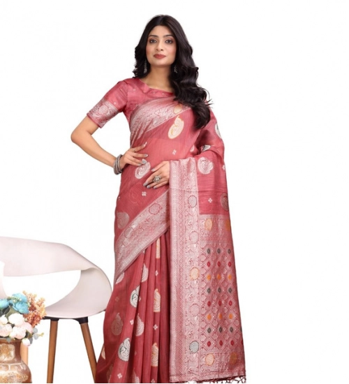 Women's Linen Cotton Printed Saree With Unstitched Blouse 5.5Mtr (Pink)